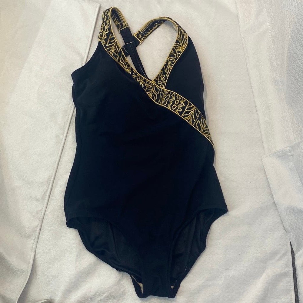 Roxanne Black Gold Embroidered Bra Sized One Piece Swimsuit 12 34D E1691